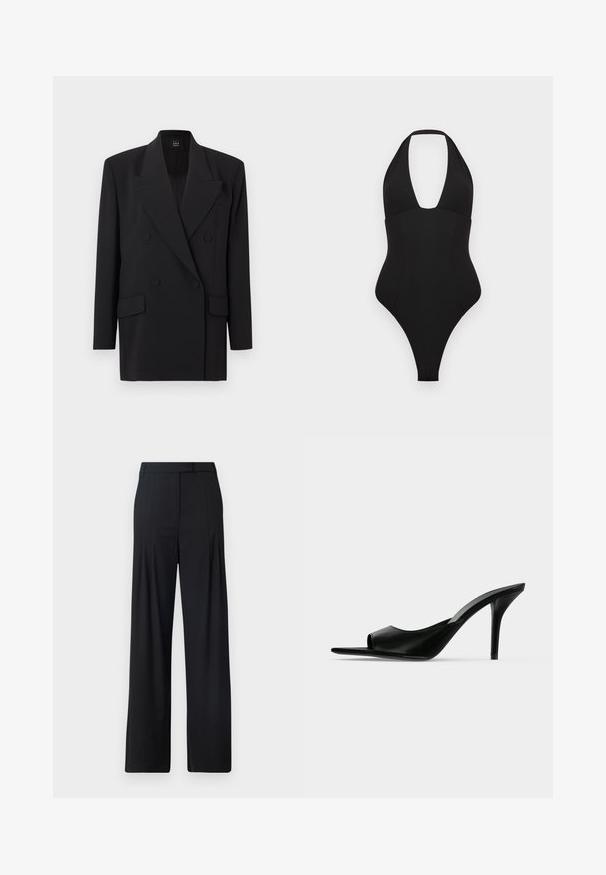 Blazer noir croisé avec revers à encoche, poches latérales et tissu texturé. Il comporte deux boutons et des manches longues.; Maillot de bain une pièce noir avec un design à col halter. Il présente un décolleté en V profond, une texture lisse et des ouvertures de jambes échancrées.; Pantalons larges noirs avec un devant plat, des plis et une taille ajustée. Fabriqués en tissu lisse et léger.; Mule à talon haut en cuir noir à bout ouvert avec un talon stiletto fin, vue de profil sur un fond uni.