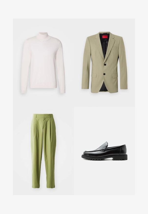 Blazer verde claro con solapas de muesca, dos botones negros y un bolsillo en el pecho. Presenta un forro de satén negro contrastante.; Suéter de cuello alto en rosa claro, con mangas largas, textura suave, cuello y puños acanalados, que presenta un diseño clásico y ajustado.; Pantalones verdes claros hechos de una tela texturizada, con una forma recta, pliegues en la parte frontal y una cinturilla estándar.; Mocasín de cuero negro con suela de goma gruesa, empeine cosido y nombre de la marca en relieve en el talón, mostrado en perfil lateral sobre fondo blanco.
