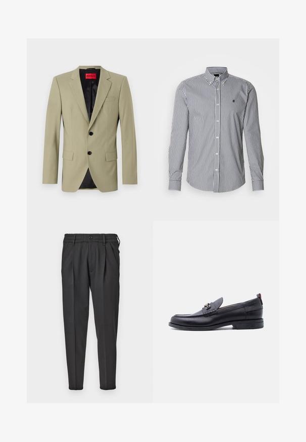 Lichtgroene blazer met notch lapels, twee zwarte knopen en een borstzak. Voorzien van een contrasterende zwarte satijnen voering.; Gestreept shirt met lange mouwen in marineblauw en wit, met een button-down kraag, knoopsluiting aan de voorkant en logodetail op de borst.; Zwarte broek van gladde stof, met een geplooide voorkant, elastische tailleband en rechte pijpen met een taps toelopende onderkant.; Zwarte leren loafer met grijze, gestructureerde vamp, zilveren metalen gesp, lage hak en trekkoord aan de achterkant.