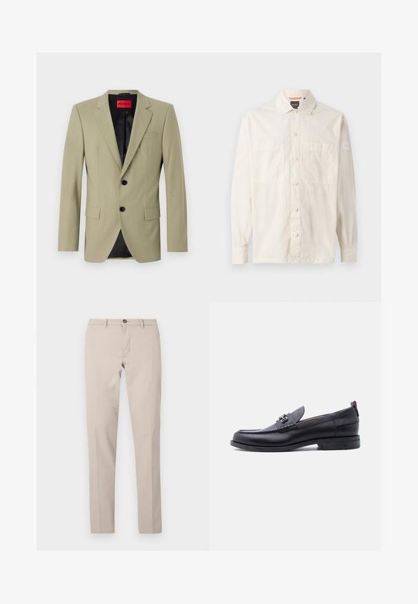 Hellgrüner Blazer mit Revers, zwei schwarzen Knöpfen und einer Brusttasche. Verfügt über ein kontrastierendes schwarzes Satinfutter.; Beige Langarmshirt aus leichtem Stoff, mit durchgängigem Knopfverschluss, zwei Brusttaschen und einem Markenetikett am Ärmel.; Beige Slim-Fit-Hose mit Gürtelschlaufen, Knopfverschluss und vorderlichem Reißverschluss, flach auf weißem Hintergrund dargestellt.; Schwarzer Lederloafer mit grauem, strukturiertem Vorderblatt, silberner Metallschnalle, niedrigem Absatz und Zuglasche hinten.