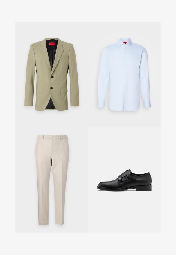 Blazer vert clair avec revers en pointe, deux boutons noirs et une poche poitrine. Possède une doublure en satin noir contrastante.; Chemise à manches longues, bleu clair, avec un col évasé, un ourlet arrondi et des boutons blancs. Tissu lisse avec un éclat subtil.; Pantalon beige sur mesure en tissu texturé, avec une coupe classique, des plis repassés et des poches avant.; Chaussure habillée en cuir noir avec double boucle, silhouette élégante et bout rond. Dispose d'un petit talon et d'une texture lisse.