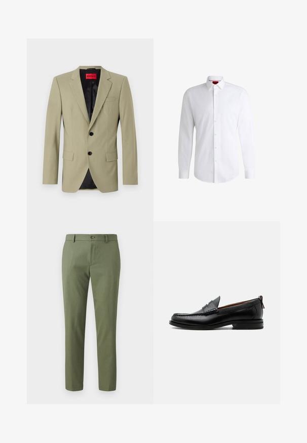Hellgrüner Blazer mit Revers, zwei schwarzen Knöpfen und einer Brusttasche. Verfügt über ein kontrastierendes schwarzes Satinfutter.; Weißes Herrenhemd aus glattem Stoff mit klassischem Kragen, langen Ärmeln und abgerundetem Saum. Mit eleganten beigen Knöpfen an der Vorderseite.; Grüne Hosen aus strukturiertem Stoff, mit schmalem Schnitt, geraden Beinen und einem Frontknopfverschluss. Geeignet für Freizeit- oder formelle Anlässe.; Schwarzer Leder-Herrenschuh mit Mokassinnaht, Penny-Riemen, strukturiertem Kragen und niedrigem gestapeltem Absatz auf weißem Hintergrund.