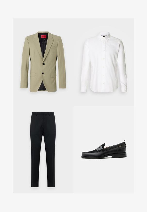 Blazer verde claro con solapas de muesca, dos botones negros y un bolsillo en el pecho. Presenta un forro de satén negro contrastante.; Camisa blanca de manga larga con cuello abotonado, confeccionada en tela suave, con un logo sutil en el pecho y cierre de botones.; Pantalones formales de hombre negros, ajustados, con presillas para cinturón, frente plano y piernas rectas sobre un fondo blanco.; Mocasín de cuero negro con detalle de tira gris, tacón bajo y suela texturizada, con la marca "HUGO" en oro en el lateral.