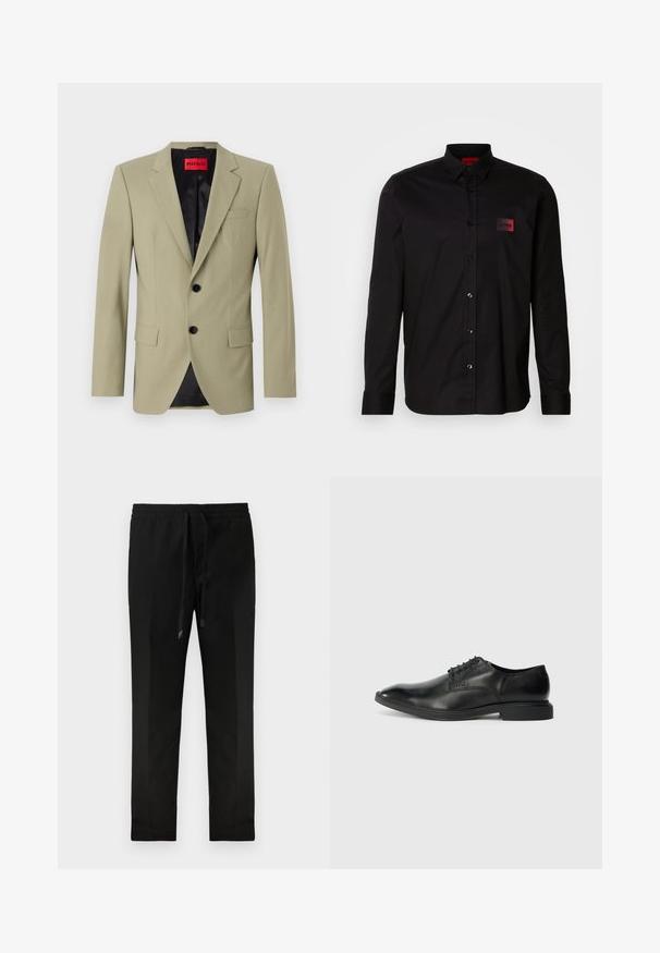 Lys grøn blazer med klapkraver, to sorte knapper og en brystlomme. Har en kontrasterende sort satinforing.; Sort langærmet skjorte lavet af glat stof, med knaplukning, klassisk krave og en lille rød mærke-patch på brystet.; Sorte tapered bukser med elastisk talje og snor. Glat stof, minimalistisk design, ingen synlige lommer eller mønstre.; Sort læder herresko med glat overflade, spids tå, seks snørrehuller og lav, rektangulær hæl. Diskret brandingdetalje på siden.