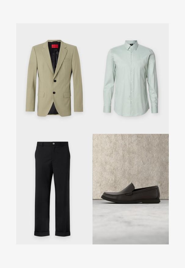 Lys grøn blazer med klapkraver, to sorte knapper og en brystlomme. Har en kontrasterende sort satinforing.; Lysegrøn langærmet herreskjorte med spidst krave og hvide knapper, vist mod en ensfarvet hvid baggrund.; Sorte bukser lavet af et glat stof med en lige ben-design, der har en frontfolder, knaplukning og ombuk ved buksebenene.; Mørkebrun læderloafers med en rund tå, diskrete syninger og en lav gummisål. Glat tekstur med en fleksibel pasform.