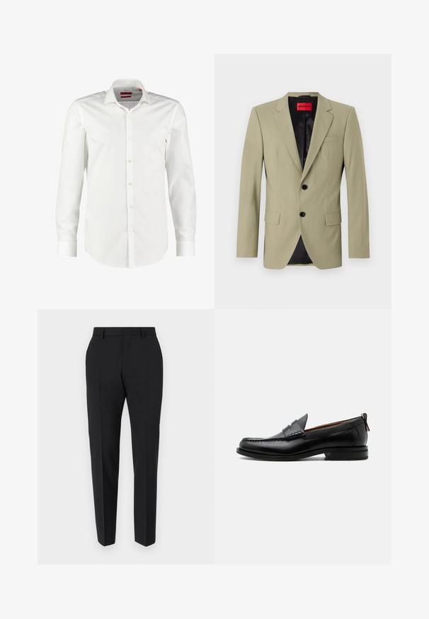 Blazer vert clair avec revers en pointe, deux boutons noirs et une poche poitrine. Possède une doublure en satin noir contrastante.; Chemise blanche à manches longues, en coton lisse. Elle présente un col classique, une patte de boutonnage épurée et des poignets à bouton.; Pantalons noirs au design ajusté, avec un devant plat, des détails de plis et une coupe élégante. Fabriqués en tissu lisse pour un look raffiné.; Mocassin homme en cuir noir avec couture moc toe, bride penny, col texturé et petit talon empilé sur fond blanc.