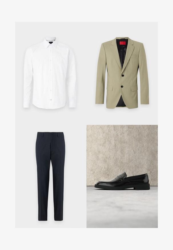 Blazer vert clair avec revers en pointe, deux boutons noirs et une poche poitrine. Possède une doublure en satin noir contrastante.; Chemise blanche à manches longues en coton. Présente un col boutonné, une fermeture à boutons à l'avant avec des boutons roses, et un ourlet arrondi.; DRYKORN AJEND - Chino - blue; Mocassin en cuir noir poli flottant au-dessus d'un tapis beige avec un mobilier translucide orange en arrière-plan.