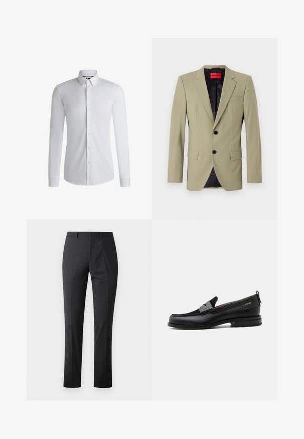 Blazer verde claro con solapas de muesca, dos botones negros y un bolsillo en el pecho. Presenta un forro de satén negro contrastante.; Camisa blanca de manga larga hecha de tejido suave, con un cuello abotonado y una fila de botones en la parte delantera. Diseño simple.; Pantalones oscuros grises a medida con una textura suave, corte ajustado, frente plano y cinturilla estándar. Presentan pliegues marcados y sin patrones visibles.; Mocasín de cuero negro con detalle de tira gris, tacón bajo y suela texturizada, con la marca "HUGO" en oro en el lateral.