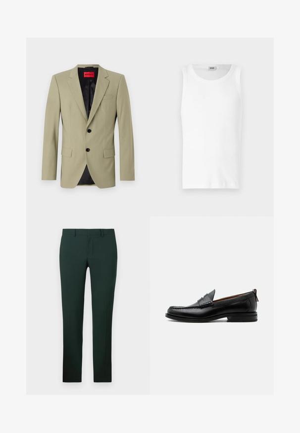 Blazer verde claro con solapas de muesca, dos botones negros y un bolsillo en el pecho. Presenta un forro de satén negro contrastante.; Camiseta sin mangas de algodón blanco con cuello redondo y una textura suave. Diseño sencillo, sin patrones ni acentos.; Pantalones de color verde oscuro con un diseño de pierna recta, hechos de una tela suave. Presentan un frente plano y una cinturilla estándar con trabillas para cinturón.; Mocasín de hombre de piel negra con costura moc toe, tira penny, cuello texturizado y tacón bajo apilado sobre fondo blanco.