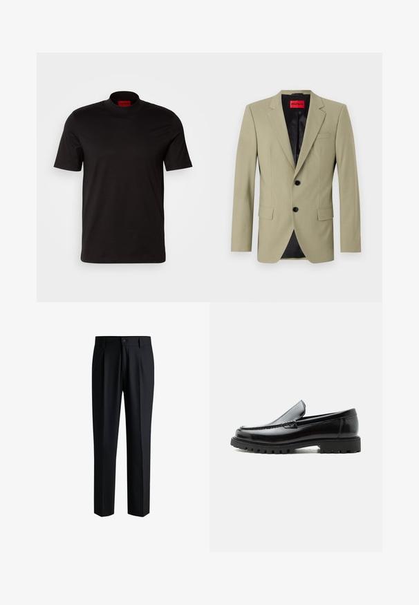Lys grøn blazer med klapkraver, to sorte knapper og en brystlomme. Har en kontrasterende sort satinforing.; Sort kortærmet t-shirt med høj hals design. Fremstillet af glat stof. Har et rødt mærke på indersiden af kraven.; Sorte bukser lavet af glat stof, med lige ben-design, plisseringer foran og knaplukning med bæltestropper.; Sort læderloafer med chunky gummisål, syet overdel og præget mærkenavn på hælen, vist i sideprofil på hvid baggrund.