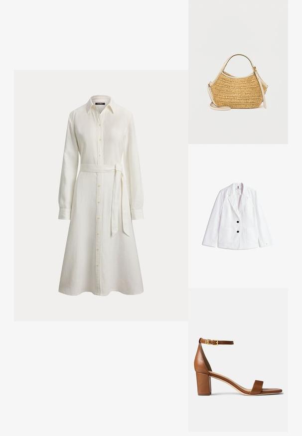 Witte linnen blazer met geknipte revers, twee zwarte knopen en twee voorzakken met klep. Afgewerkt met een subtiele logo op de mouw.; Witte overhemdjurk met lange mouwen, kraag, knopen aan de voorkant en een bijpassende stoffen ceintuur gestrikt in de taille.; Lauren Ralph Lauren LOGAN BURNISHED LEATHER SANDAL - Sandalen - deep saddle tan; Beige geweven handtas met afgeronde vorm, voorzien van een handvat van roomkleurig leer en een verstelbare schouderriem met een gouden gesp detail.
