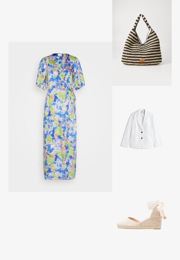 Blazer en lin blanc avec revers crantés, deux boutons noirs et deux poches plaquées à l'avant. Fini avec un logo discret sur la manche.; VILA VILAILA 2/4 WRAP MIDI DRESS - Robe de soirée - cloud dancer/colorful; Escarpin compensé en toile beige avec un dos texturé, un ruban de cheville crème et une semelle en jute tressé. Bout arrondi avec un léger talon.; Sac tissé rayé en noir et beige, avec un design décontracté, une surface texturée et une petite pièce en cuir en accent.
