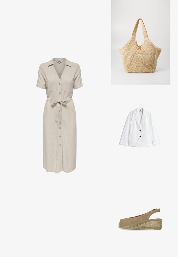 Witte linnen blazer met geknipte revers, twee zwarte knopen en twee voorzakken met klep. Afgewerkt met een subtiele logo op de mouw.; Beige linnen jurk met een kraaghalslijn, korte mouwen, twee borstzakken, een tailleband en een knoopsluiting aan de voorkant.; Castañer DOSALIA - Espadrilles - sand; Grote stro tote bag met een getextureerde, beige buitenkant en twee brede handvatten. Beschikt over een leren accentriem voor sluiting.
