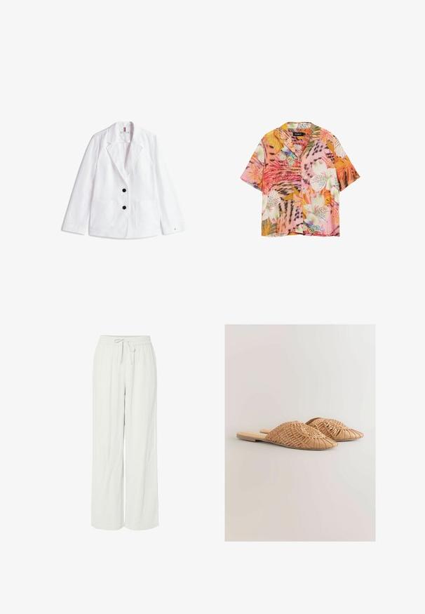 Blazer de lino blanco con solapas de muesca, dos botones negros y dos bolsillos delanteros de parche. Terminado con un sutil logo en la manga.; Camisa de manga corta con botones y patrones vibrantes de flores y hojas tropicales en tonos rosa, naranja, blanco y verde.; Pantalones de pierna ancha en gris claro, confeccionados en una suave tela texturizada. Cuentan con una cinturilla elástica con cordón ajustable para un ajuste personalizable.; Sandalias deslizantes de cuero trenzado en color marrón claro, con un diseño de parte superior trenzada de gran tamaño y una suela plana. La punta afilada aporta un aspecto elegante.