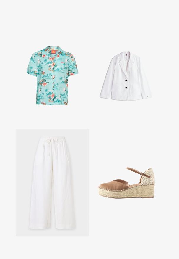Blazer de lino blanco con solapas de muesca, dos botones negros y dos bolsillos delanteros de parche. Terminado con un sutil logo en la manga.; Camisa de manga corta con botones en tejido azul claro con estampado tropical de flores y motivos isleños, con cuello campestre y botones marrones.; Pantalones blancos de pierna ancha con cintura elástica y cordón delantero, exhibidos sobre un fondo liso de color gris claro.; Zapato tipo alpargata con cuña, parte delantera de ante marrón, talón tejido beige, plataforma trenzada de yute y correa ajustable en el tobillo con hebilla.