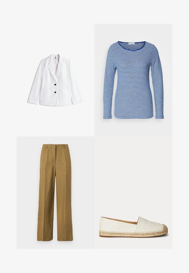 Witte linnen blazer met geknipte revers, twee zwarte knopen en twee voorzakken met klep. Afgewerkt met een subtiele logo op de mouw.; Langsleeve shirt met een ronde hals, met afwisselend blauwe en witte horizontale strepen. Gemaakt van zachte, lichte stof.; Rechte kaki broek met riemlussen en een gulp met ritssluiting aan de voorkant, weergegeven op een effen witte achtergrond.; Witte instapespadrille met gevlochten jutezool en gestikte details langs de randen, gezien van de buitenkant.