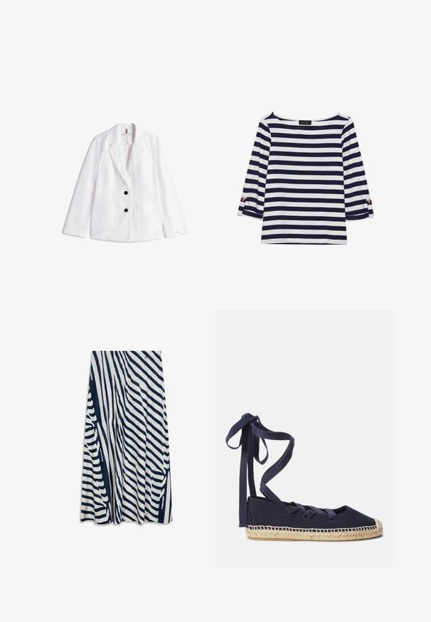 Blazer en lin blanc avec revers crantés, deux boutons noirs et deux poches plaquées à l'avant. Fini avec un logo discret sur la manche.; Haut rayé bleu marine et blanc à manches longues avec un col bateau et des accents de boutons dorés sur les manches retroussées. Tissu doux, coupe décontractée.; Jupe à rayures bleu marine et blanc en tissu doux, avec une coupe évasée, des largeurs de rayures variées et un léger éclat.; Espadrille en toile marine avec un bout arrondi, semelle en jute et attaches en tissu. Présente des détails tissés le long du bord de la semelle.
