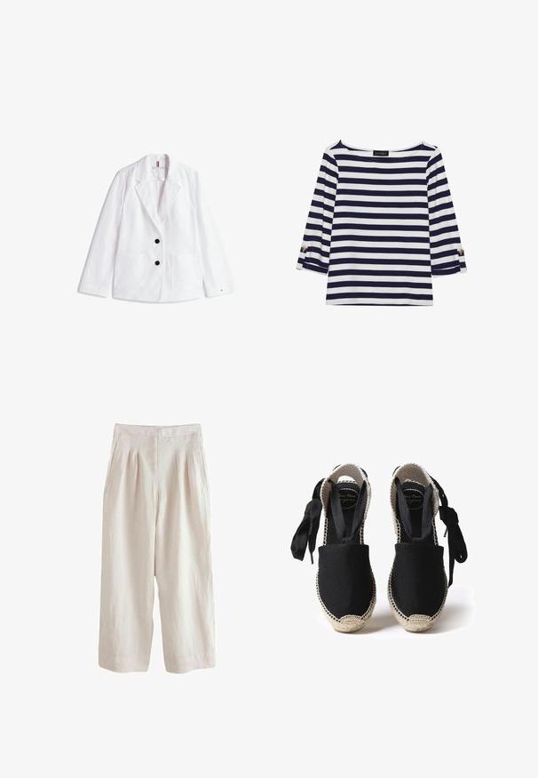 Blazer de lino blanco con solapas de muesca, dos botones negros y dos bolsillos delanteros de parche. Terminado con un sutil logo en la manga.; Camiseta de manga larga a rayas en azul marino y blanco, con escote barco y acentos de botones dorados en las mangas enrolladas. Tejido suave y corte relajado.; Pantalones de lino beige claro con un diseño de pierna ancha, que presentan pliegues frontales y bolsillos laterales, ofreciendo un acabado texturizado.; Espadrilles de lona negra con suela de yute y bordes trenzados. Cintas del mismo tejido negro para un ajuste ajustable. Diseño de puntera cerrada.