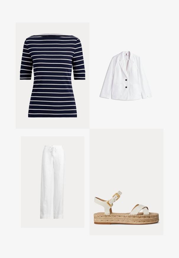 Witte linnen blazer met geknipte revers, twee zwarte knopen en twee voorzakken met klep. Afgewerkt met een subtiele logo op de mouw.; Marineblauw overhemd met witte horizontale strepen en ellebooglange mouwen, afgebeeld op een eenvoudige lichte achtergrond.; Witte linnen broek met een taillekoord, wijde pijpen en twee zijzakken. Gladde textuur met een lichte, luchtige uitstraling.; Witte leren platformsandaal met geweven jutezool, gouden gesp enkelbandje en gekruiste voorste bandjes op effen achtergrond.