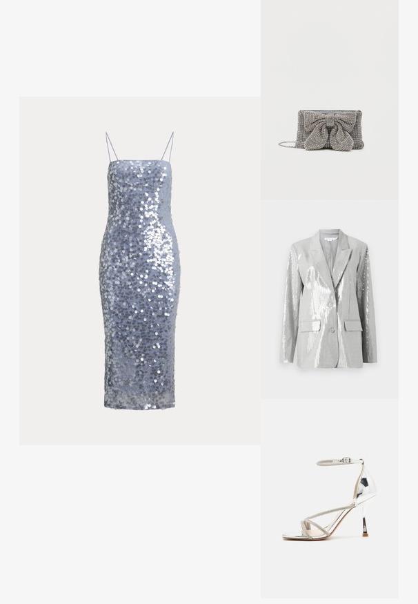 Good American Blazer - grey; Sølv paliet midi-kjole med tynde spaghetti stropper og en lige udskæring, designet til en tætsiddende silhuet.; Sølv højhælede sandal med en snøredesign, glitrende materiale, rhinsten accenter og en slank ankelrem. Firkantet tå og poleret hæl.; Glitrende grå håndtaske med en tekstureret overflade, der har en stor sløjfe-accent på forsiden og en kædrem. Kompakt rektangulær form.