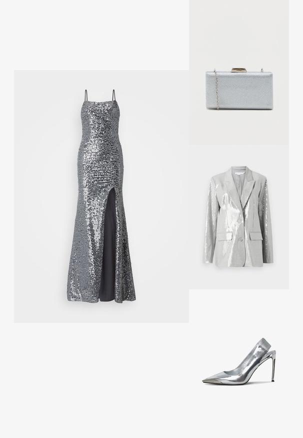Good American Blazer - grey; Sølv paliet aftenkjole med spaghetti-stropper, tætsiddende overdel og høj slidse. Glat sort foring under.; Sølv slingback højhælede sko med spids tå og metallisk finish. Har et strømlinet design og minimalistiske detaljer på hælen.; Rektangulær sølvclutch lavet af struktureret metallisk stof, med en klipslukning og et aftageligt kædetræk til at bære.