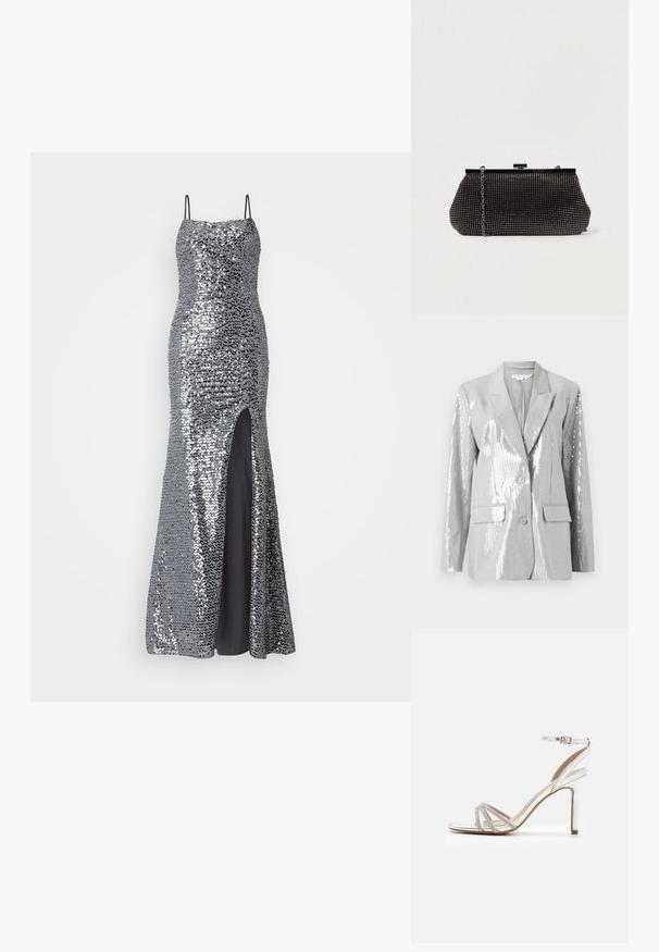 Good American Blazer - grey; Silver sequin evening gown with spaghetti straps, fitted bodice, and thigh-high slit. Smooth black lining underneath.; Silver high-heeled sandal with multiple straps featuring rhinestone accents, open toe design, and an ankle buckle. Smooth metallic finish.; Black mesh clutch bag with a structured silhouette, adorned with small metallic studs, features a clasp closure and a detachable chain strap.