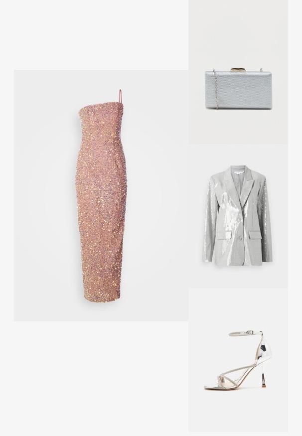Good American Blazer - grey; Vestido midi ceñido sin tirantes en rosa claro, adornado con lentejuelas para agregar textura y brillo. Silueta elegante con escote recto.; Sandalia de tacón alto plateada con un diseño de tiras, material brillante, acentos de strass y una correa delgada en el tobillo. Punta cuadrada y tacón pulido.; Clutch rectangular de plata hecha de tejido metálico texturizado, con cierre de broche y correa de cadena desmontable para llevar.