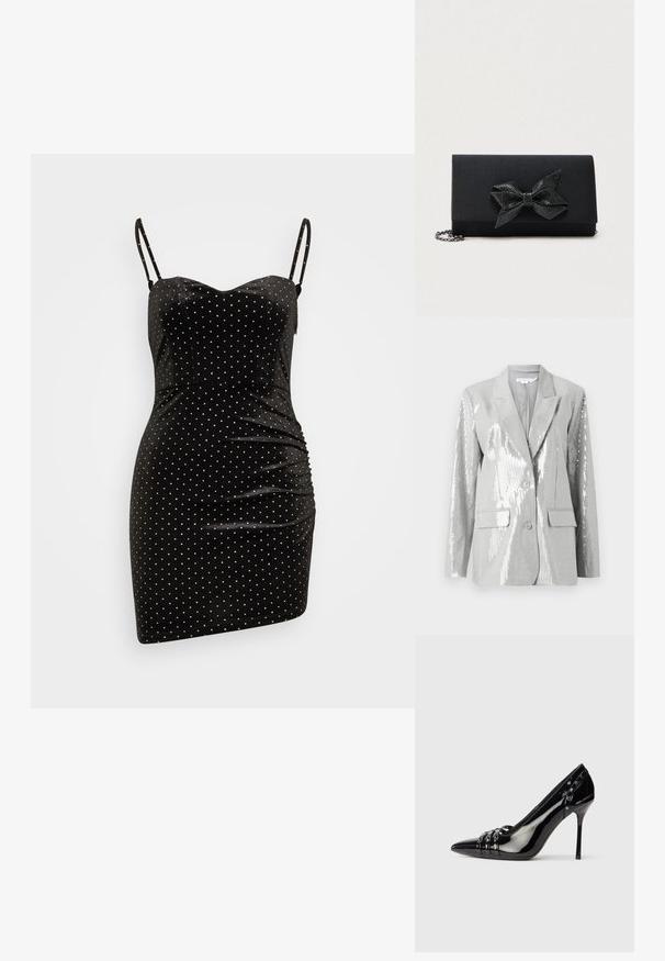 Good American Σακάκι - grey; Even&Odd Petite by Zalando Cocktail φόρεμα / Φόρεμα για πάρτι - black/silver; Μαύρο παπούτσι στιλέτο από πατεντέ δέρμα, με μυτερή μύτη, τρεις διακοσμητικές λωρίδες με καρφιά και σήμα "Karl Lagerfeld" στη φτέρνα.; Μαύρο τσαντάκι clutch με σατέν φινίρισμα, διακοσμημένο με μεταλλικό φιόγκο με υφή. Διαθέτει αλυσίδα για πολλαπλές επιλογές μεταφοράς.