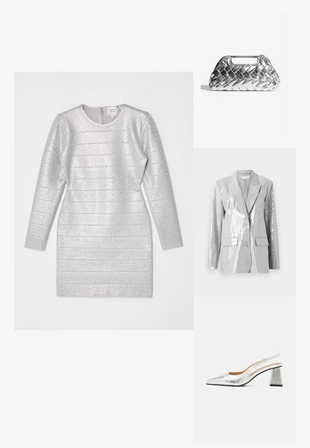 Good American Blazer - grey; Sølv langærmet kjole med rund halsudskæring, der har en tekstureret metallisk glans og vandrette striber. Lynlåslukning i ryggen.; Sølv slingback stiletto med spids tå, teksturelt metallic finish og en triangulær blokhæle. Indersiden har brune læderdetaljer.; Sølv metal taske med en vævet tekstur, der har en slank, rund form og en åben håndtag. Lynlåslukning øverst.