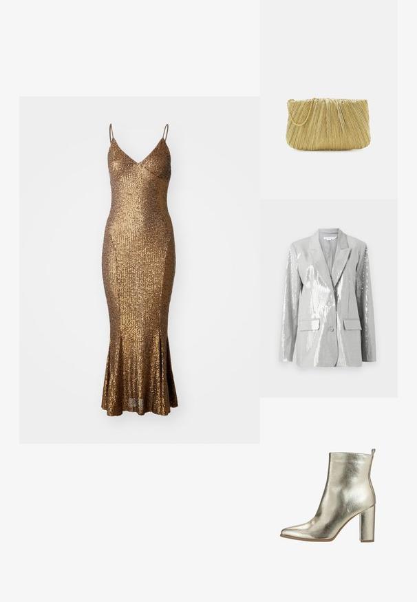 Good American Blazer - grey; Guldpalietteret kjole med en tætsiddende silhuet, spaghetti stropper og en flared kant. Den strukturerede overflade reflekterer lyset og fremhæver glitteret.; Metallic guld ankelstøvle med spids tå, glat tekstur og en chunky høj hæl. Har en løkke bagpå for nem påtagning.; Loeffler Randall BRIT PLEATED FLAT - Clutches - gold-coloured