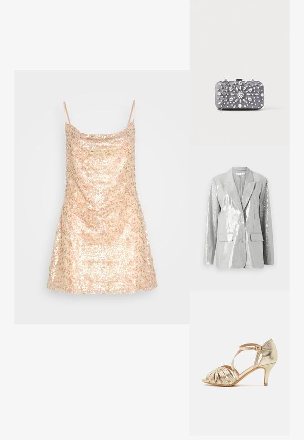 Good American Σακάκι - grey; IN THE STYLE GEORGIA LOUISE COWL NECK MINI SLIP DRESS - Cocktail φόρεμα / Φόρεμα για πάρτι - pink; Χρυσό μεταλλικό ψηλοτάκουνο σανδάλι με σταυρωτές ρίγες, ανοιχτή μύτη, ρυθμιζόμενη τακούνι με αγκράφα και λεπτή σχεδίαση τακουνιού.; Μικρό ορθογώνιο σκούρο γκρι τσαντάκι χειρός στολισμένο με διαυγή στρας σε ακτινωτό σχέδιο και ασημένια αλυσίδα ιμάντα.