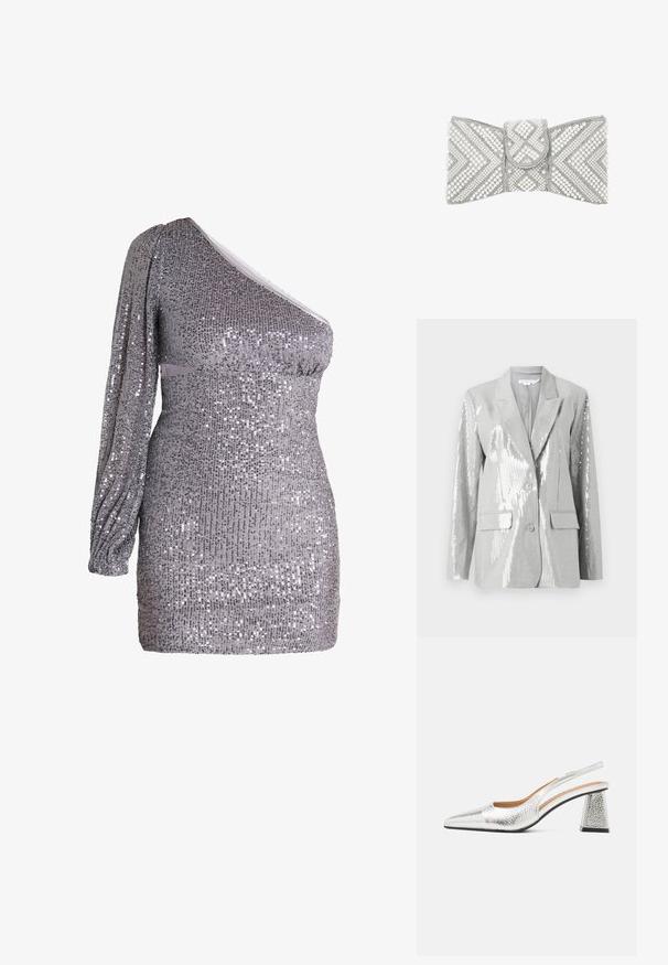 Good American Blazer - grey; Sølvfarvet paljetkjole med tætsiddende pasform, en langærmet, struktureret overflade og asymmetrisk udskæring, der har ruching ved taljen.; Sølv slingback stiletto med spids tå, teksturelt metallic finish og en triangulær blokhæle. Indersiden har brune læderdetaljer.; Clutch taske prydet med hvide perler og sølvperler i geometriske chevron- og diamantmønstre, klaplukning i midten.