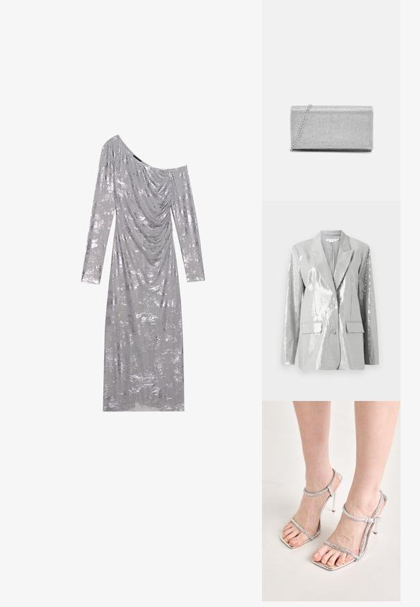 Good American Blazer - grey; Sølv off-the-shoulder kjole med lange ærmer, draperet stof og en struktureret glans. Har en glat, blank overflade med en kropsnær silhuet.; Fødder iført sølvfarvede højhælede sandaler med tynde stropper og firkantede tå, som står på en lys overflade.; Sølvmetallic clutchtaske med vævet netdesign, rektangulær form og en kædestrop til at bære. Glat tekstur og poleret finish.