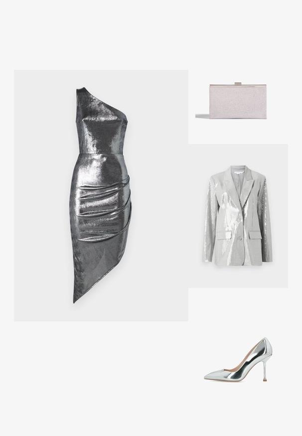 Good American Bleiseri - grey; Hame dress silver metallic yhdellä olalla, jossa on istuva vartalo ja epäsymmetrinen helma, sivussa kerrostumista. Sujuva, kiiltävä tekstuuri.; Hopeanväriset metalliset teräväkärkiset korkokengät, joissa ohut piikkikorko ja sileä, kiiltävä pinta.; Hopeinen kimalteleva clutch laukku, jossa on tyylikäs suorakulmainen muoto, metallinen lukitusmekanismi ja sileä pinta. Minimalistinen muotoilu.
