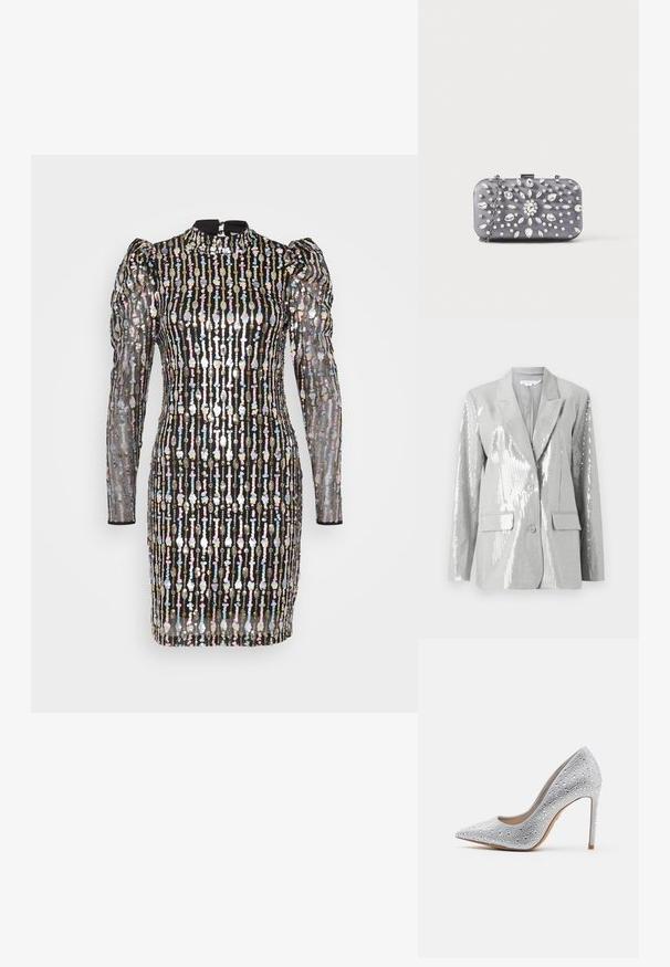 Good American Bleiseri - grey; YAS Petite YASBINNA DRESS SHOW - Juhlamekko - black; Hopeakorkoiset pumppikengät, joissa on terävä kärki, koristeltuna strasseilla, sileä pinta ja stiletto-korko, joka kapenee kärkiosastaan.; Pieni suorakulmainen tummanharmaa clutch-laukku, joka on koristeltu kirkkailla strasseilla säteittäisessä kuviossa ja jossa on hopeinen ketjuhihna.