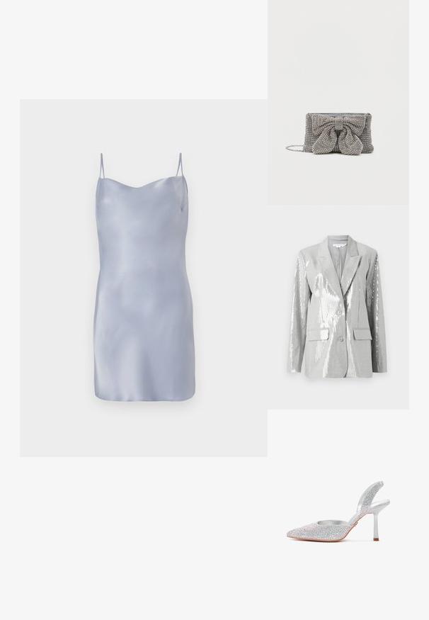 Good American Blazer - grey; Satin glidende kjole i lyseblå med tynde justerbare stropper, en glat og sleek tekstur samt en enkel silhuet.; Sølvfarvet højhælet slingback-sko dækket af glitrende rhinsten med spids tå og slank hæl på hvid baggrund.; Glitrende grå håndtaske med en tekstureret overflade, der har en stor sløjfe-accent på forsiden og en kædrem. Kompakt rektangulær form.
