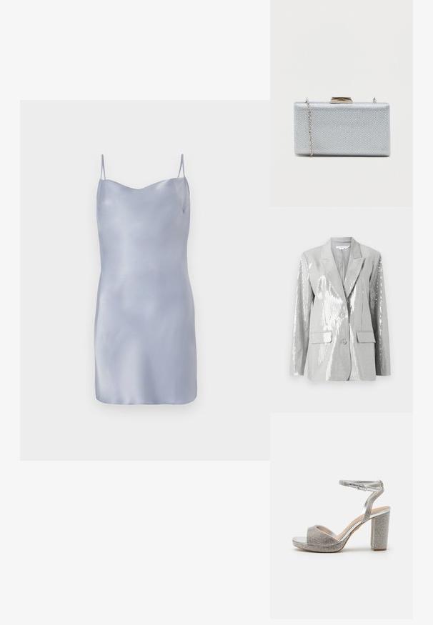 Good American Blazer - grey; Satin glidende kjole i lyseblå med tynde justerbare stropper, en glat og sleek tekstur samt en enkel silhuet.; Sølv højhælede sandaler med åben tå, funklende rhinesten dekorationer og en tyk blokhæl. Justerbar ankelrem inkluderet.; Rektangulær sølvclutch lavet af struktureret metallisk stof, med en klipslukning og et aftageligt kædetræk til at bære.