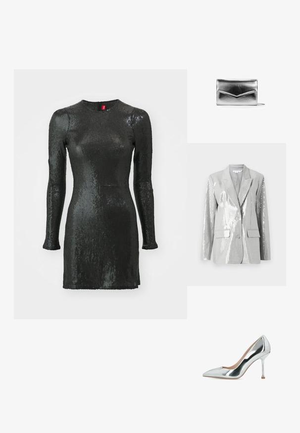 Good American Blazer - grey; Vestido negro de lentejuelas con mangas largas, escote redondo, corte ajustado al cuerpo y cremallera en la parte posterior. Presenta una textura suave y un acabado brillante.; Zapato de salón plateado metálico con punta afilada, tacón de aguja delgado y acabado liso y brillante.; Bosanova Bandolera - plata