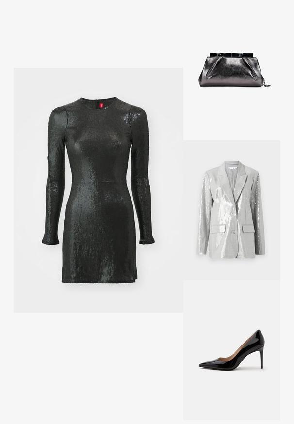 Good American Blazer - grey; Vestido negro de lentejuelas con mangas largas, escote redondo, corte ajustado al cuerpo y cremallera en la parte posterior. Presenta una textura suave y un acabado brillante.; Zapato de charol negro de tacón alto con punta afilada y tacón de aguja, mostrado de perfil sobre un fondo blanco liso.; Bolso de mano negro brillante con textura, cierre superior estructurado y asa corta de cadena negra sobre fondo blanco.