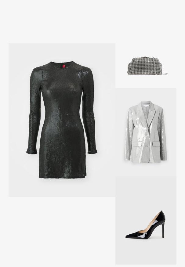 Good American Blazer - grey; Vestido negro de lentejuelas con mangas largas, escote redondo, corte ajustado al cuerpo y cremallera en la parte posterior. Presenta una textura suave y un acabado brillante.; Zapato de tacón alto de charol negro con un diseño de punta afilada y una silueta elegante. Presenta un acabado suave y brillante y un tacón de aguja esbelto.; Reiss ADALINE EMBELLISHED - Clutch - silver coloured