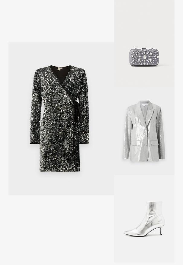 Good American Blazer - grey; Robe portefeuille noire couverte de paillettes argentées, avec des manches longues, un décolleté en V, une taille cintrée avec un lien, et un contraste de finitions noires.; Bottine métallique argentée avec un bout pointu et un talon fin. Présente un ajustement snug et une texture lisse et brillante. Accent de couture en haut.; Petit sac pochette rectangulaire gris foncé orné de strass clairs disposés en motif rayonnant, avec une bandoulière chaîne argentée.