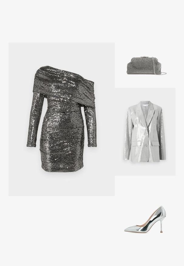 Good American Blazer - grey; Paljetterklædning med off-shoulder halsudskæring, lange ærmer og tætsiddende silhuet. Lavet af metalisk stof i sølvnuancer.; Sølvmetallic pumps med spids tå og høje hæle, en slank stilet-hæl og en glat, skinnende finish.; Reiss ADALINE EMBELLISHED - Clutches - silver coloured