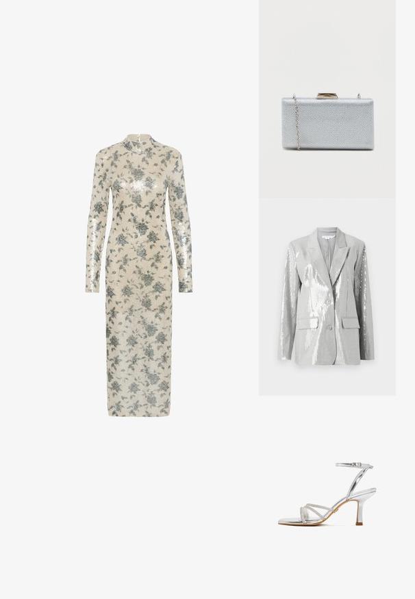Good American Blazer - grey; Langærmet kjole i cremefarve med metalliske sølvfarvede blomster-øreringe, høj halsudskæring og lige silhuet, der når midt på læggen. Lynlås lukning bagpå.; Sølvfarvet sandal med hæl, tynde stropper med rhinsten foran og ankelrem med spænde samt buet hæl i middels højde på tanfarvet sål.; Rektangulær sølvclutch lavet af struktureret metallisk stof, med en klipslukning og et aftageligt kædetræk til at bære.