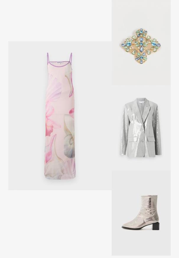 Good American Blazer - grey; Mouwloze maxi-jurk van lichtroze stof, met grote bloemenprints in tinten van roze en wit, met lichtpaarse schouderbanden en afwerking.; Metalen zilveren enkelboot met een puntige neus en blokhak. Gladde textuur, slank ontwerp en minimalistische stikdetails.; Sierlijke gouden broche met vier bloemvormen gemaakt van blauwe, groene en heldere geslepen edelstenen, gerangschikt in een symmetrisch patroon.