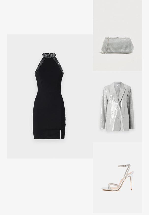 Good American Blazer - grey; Zwarte halterjurk met een aansluitend ontwerp, versierde halslijn, zijsplit en een soepele textuur. Voorzien van een veilige sluiting aan de achterkant.; Zilveren hoge hakken sandaal met dunne bandjes, versierd met strass steentjes, met een slank ontwerp en een spitse neus.; Zilveren mesh clutch tas met een ronde vorm, metalen frame en een afneembare ketting. Bevat sprankelende details met een glade textuur.