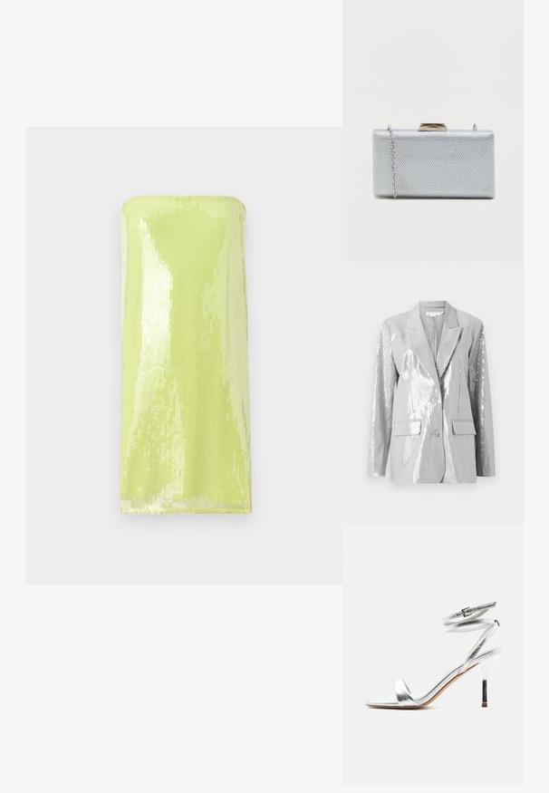 Good American Blazer - grey; Skinnende, limegrøn strapless top dækket af palietter. Glat tekstur med et fitted, rørformet design og en lige halsudskæring.; Sølv højhællet sandal med ankelremme og en tynd stilethæl, vist fra siden på en hvid baggrund.; Rektangulær sølvclutch lavet af struktureret metallisk stof, med en klipslukning og et aftageligt kædetræk til at bære.