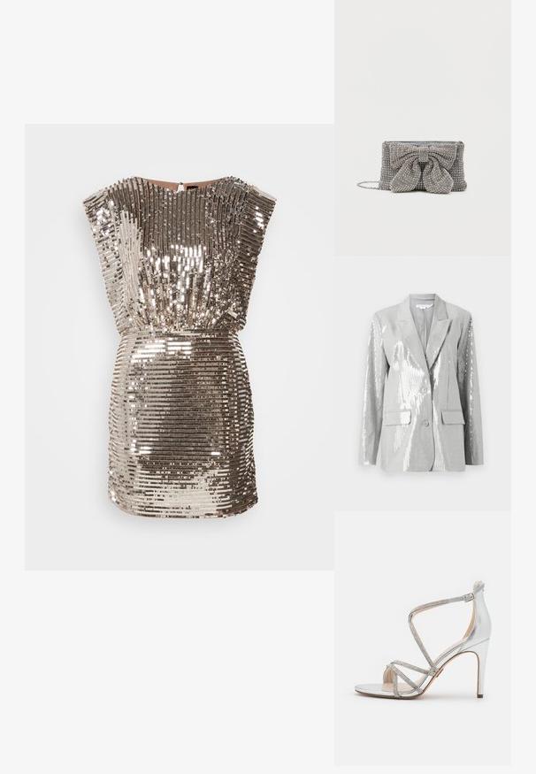 Good American Blazer - grey; Vestido de lentejuelas plateadas brillantes con un escote estructurado, mangas cortas y una cintura ajustada. La textura es suave con patrones reflectantes.; Sandalia plateada de tacón alto con finas tiras de pedrería que cruzan sobre los dedos y alrededor del tobillo, con cierre lateral de hebilla.; Bolso gris brillante con una superficie texturada, que presenta un gran lazo decorativo en el frente y una correa de cadena. Forma rectangular compacta.
