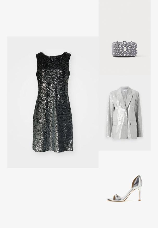 Good American Blazer - grey; Robe noire sans manches recouverte de petites paillettes, créant un effet scintillant. Encolure ronde simple et silhouette évasée.; Sandale à talon haut métallisé argent avec bout ouvert, bride à la cheville et talon aiguille fin sur fond blanc.; Petit sac pochette rectangulaire gris foncé orné de strass clairs disposés en motif rayonnant, avec une bandoulière chaîne argentée.