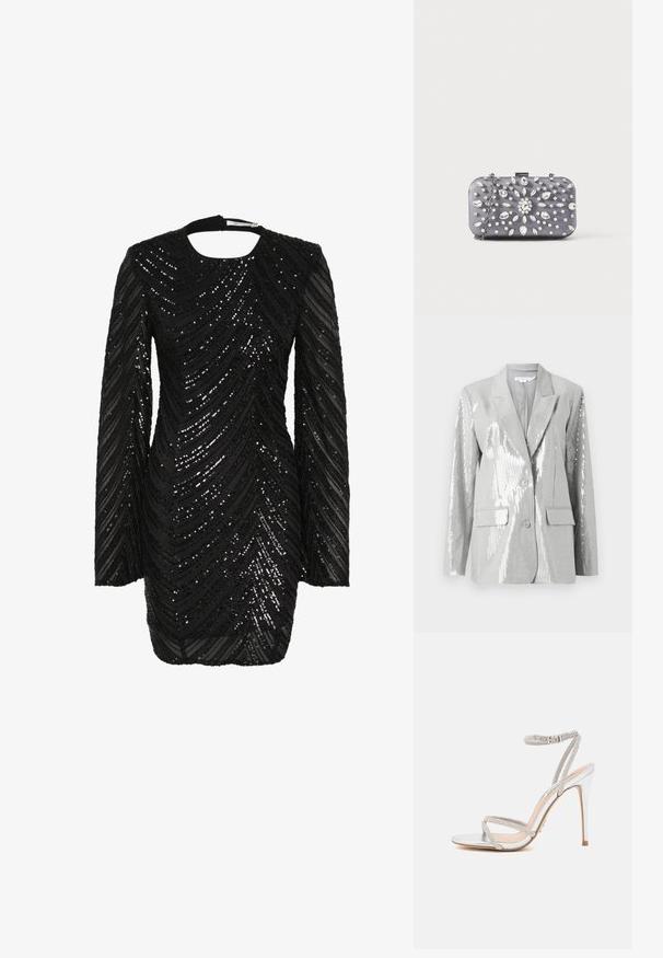 Good American Blazer - grey; Sort palietted kjole med lange ærmer og rund halsudskæring, prydet med et bølget mønster af skinnende sorte paletter på gennemsigtigt stof.; Sølv højhælede sandal med tynde stropper, prydet med rhinsten, og med et elegant design og spids tå.; Lille rektangulær mørkegrå clutch pyntet med klare rhinsten i et strålende mønster og en sølvkæde som strop.