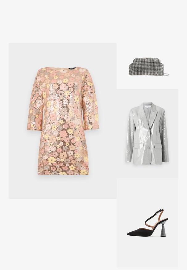 Good American Blazer - grey; Paillettenjurk met een bloemenpatroon in roze, geel en gouden tinten. Heeft driekwartmouwen en een ronde halslijn. Textuur oppervlak.; Zwarte slingback hoge hak met een spitse neus, satijnen stof en een getextureerde, met kristallen versierde conische hak. Verstelbare enkelband.; Reiss ADALINE EMBELLISHED - Clutch - silver coloured
